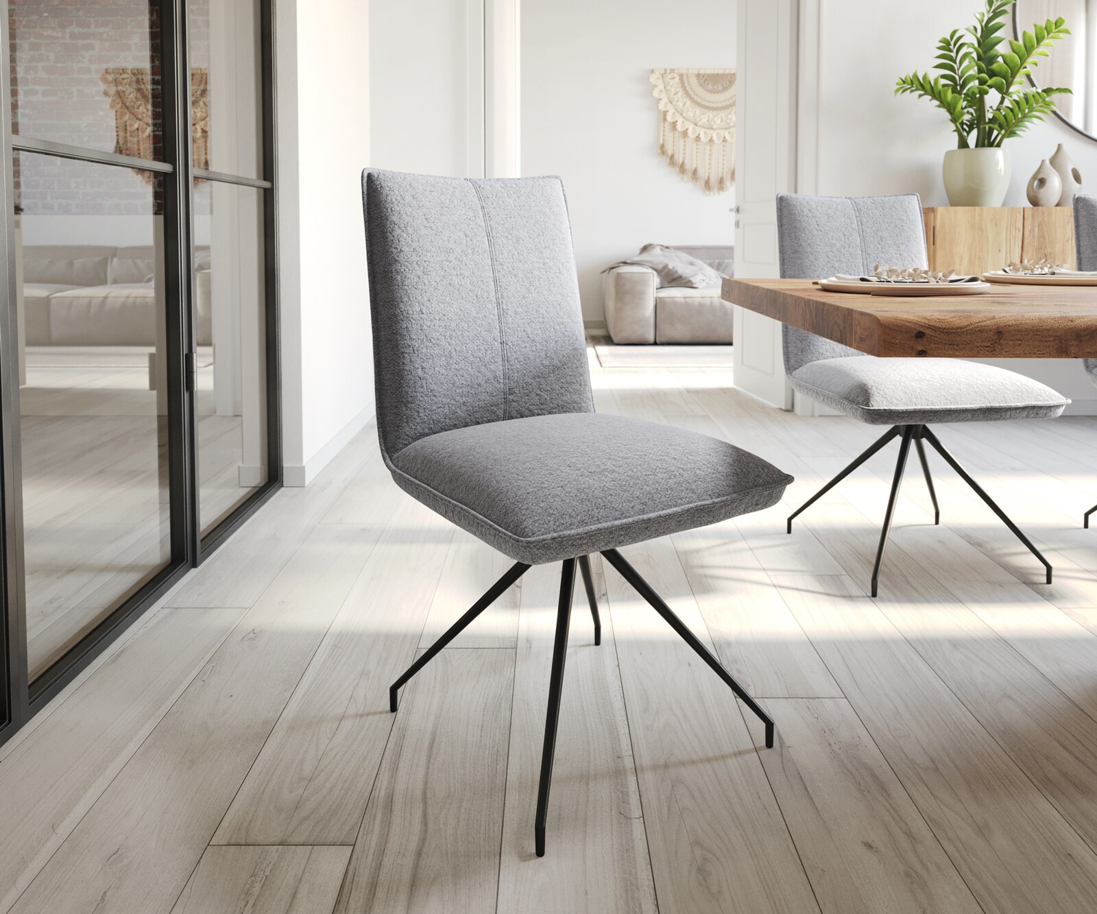 Chaise-pivotante Lelio-Flex tissu texturé gris clair cadre croisé conique noir pivote sur 180° ressorts ensachés