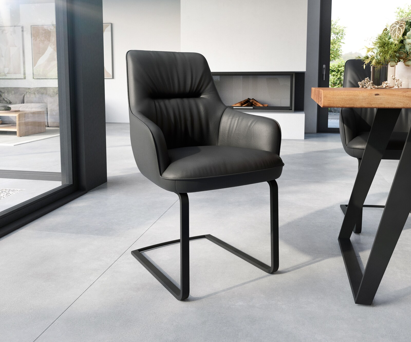 Cantilever Zelia-Flex avec accoudoirs cuir véritable noir cantilever plat noir ressorts ensachés