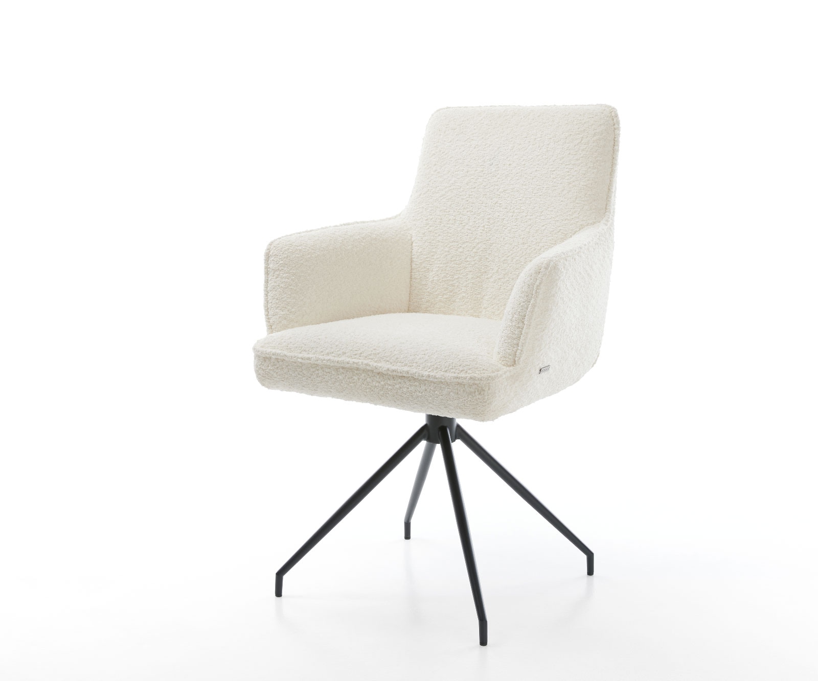 Chaise-pivotante Heira-Flex avec accoudoirs bouclé blanc pied croisé conique noir ressorts ensachés pivote sur 180°