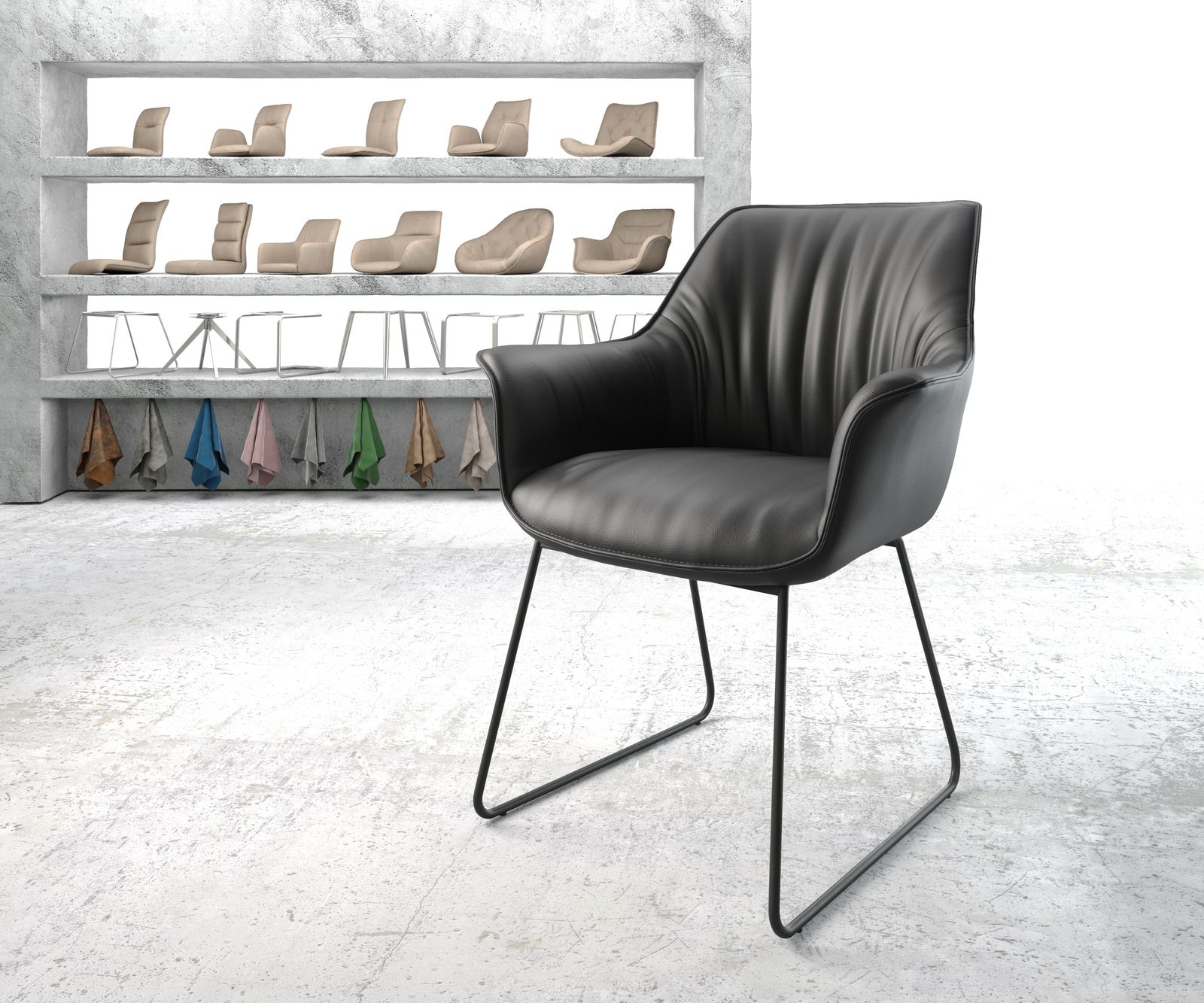 Fauteuil Keila-Flex avec accoudoirs cuir véritable noir cadre patin noir