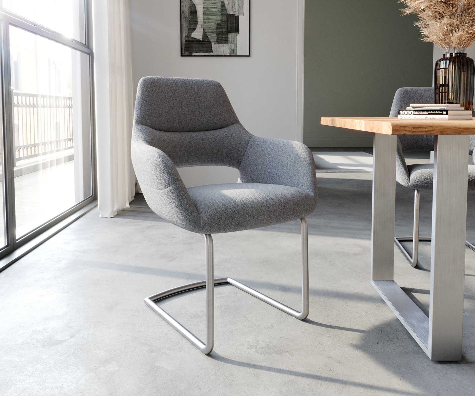 Cantilever Yago-Flex avec accoudoirs tissu texturé gris clair cantilever rond acier inoxydable