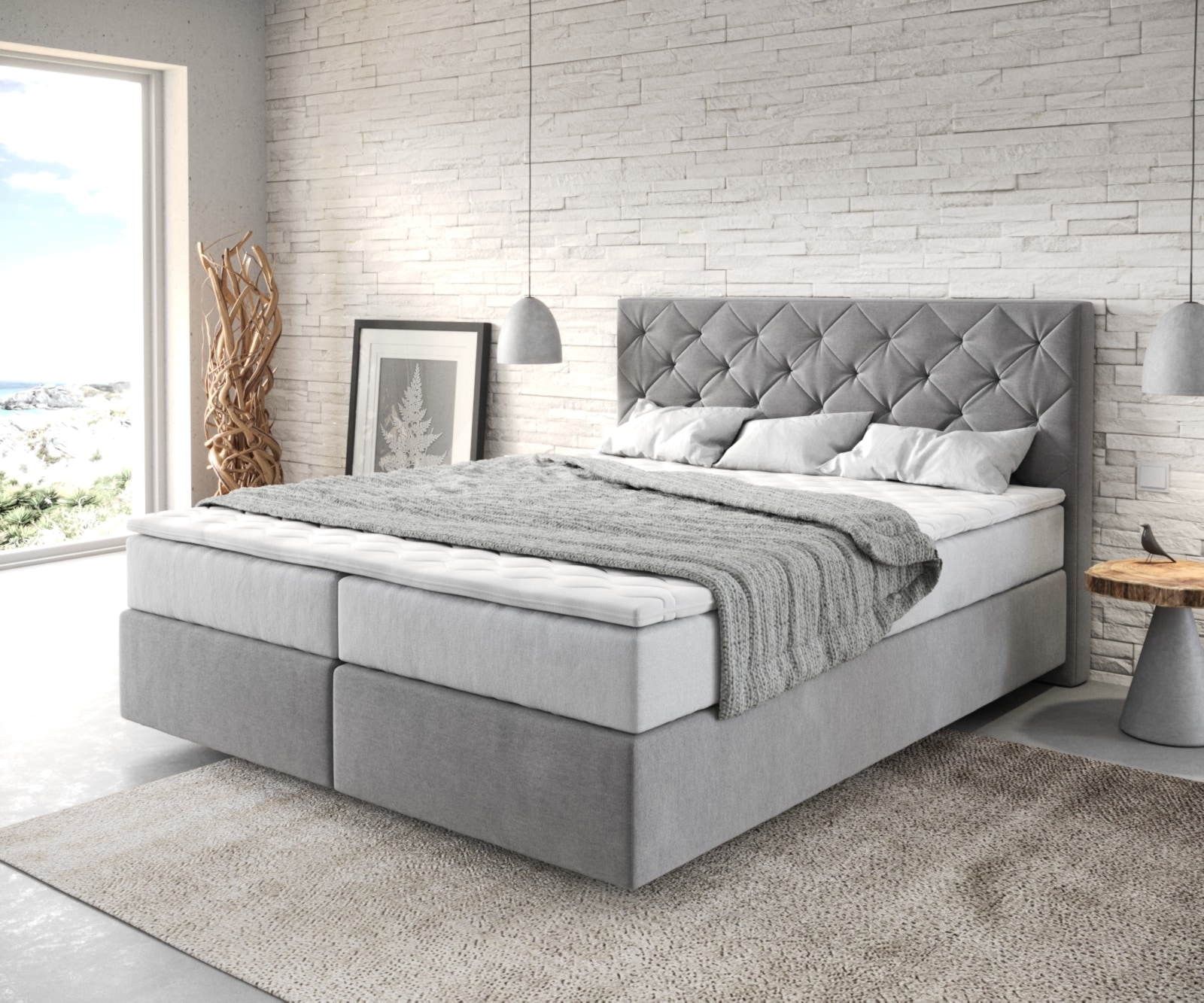 Lit-à-sommier-tapissier  Dream-Great 160x200 cm microfibre gris avec matelas TFK et surmatelas viscoélastique