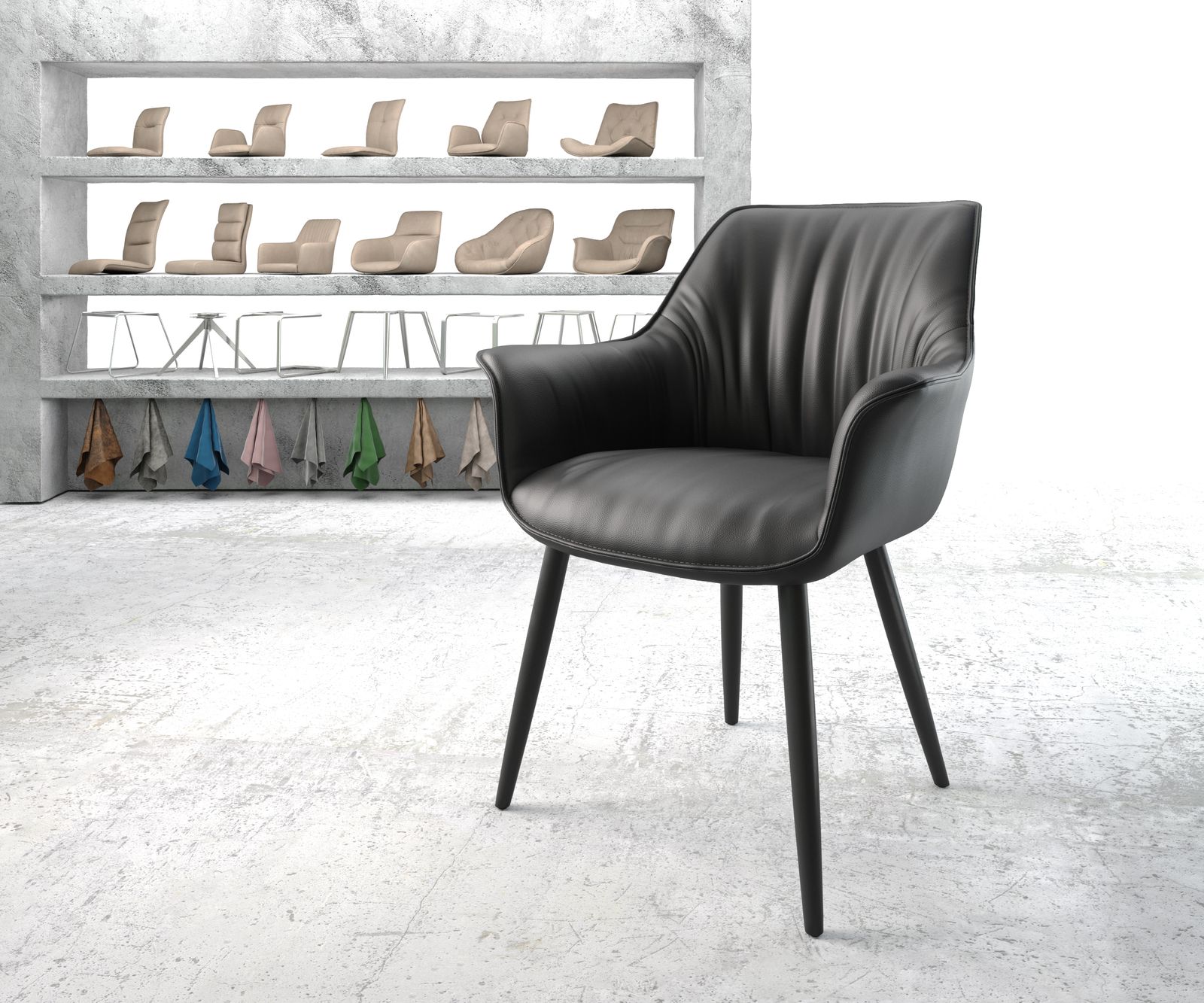 Fauteuil Keila-Flex avec accoudoirs cuir véritable noir 4-pieds conique noir