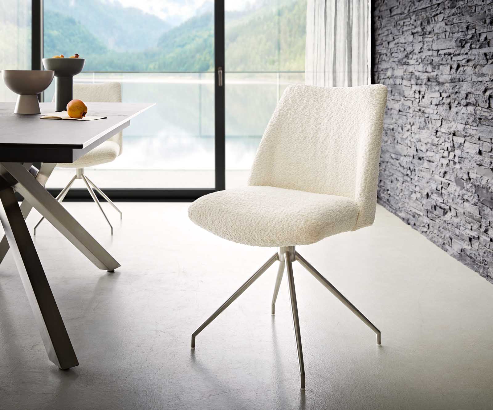 Chaise-pivotante Elso-Flex bouclé blanc pied croisé conique acier inoxydable ressorts ensachés pivote sur 180°