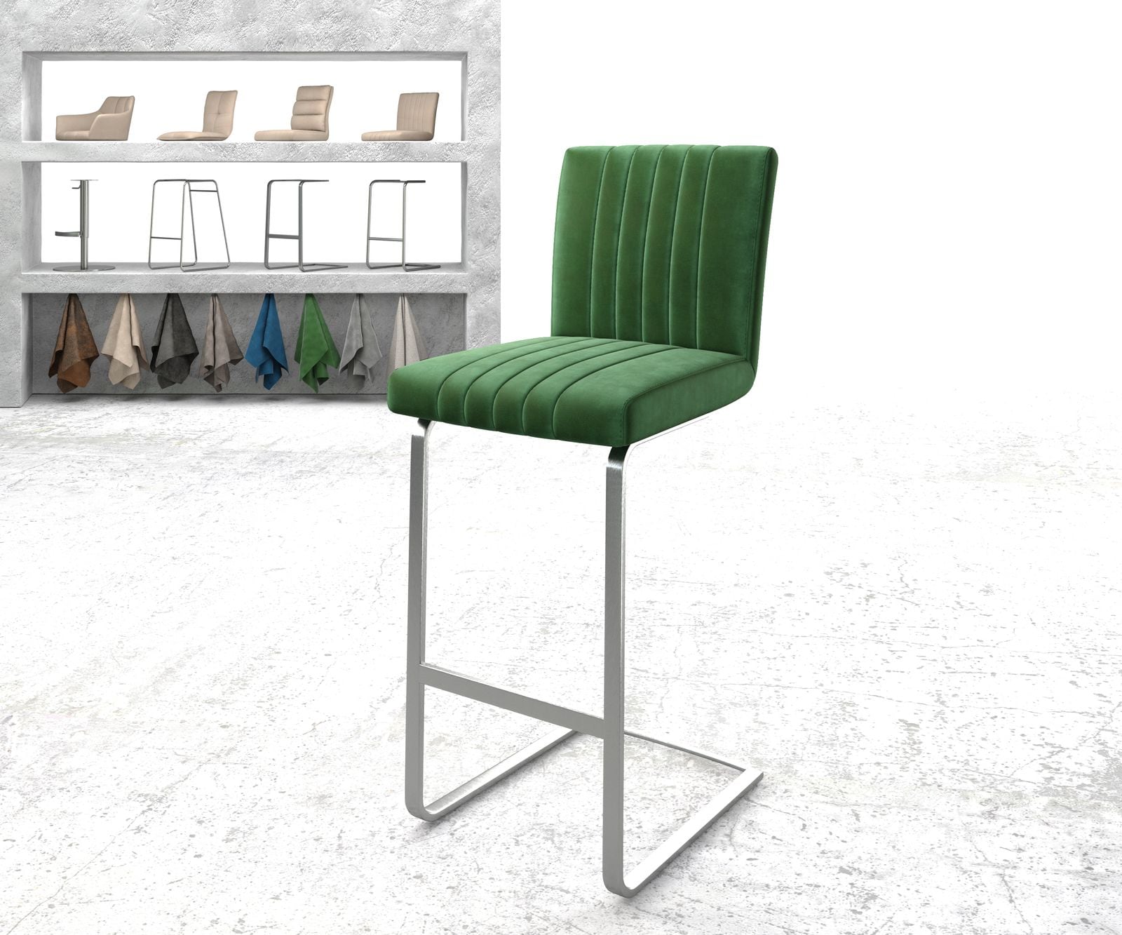 Chaise-de-bar Luiga-Flex velours vert chaise cantilever acier plat inoxydable