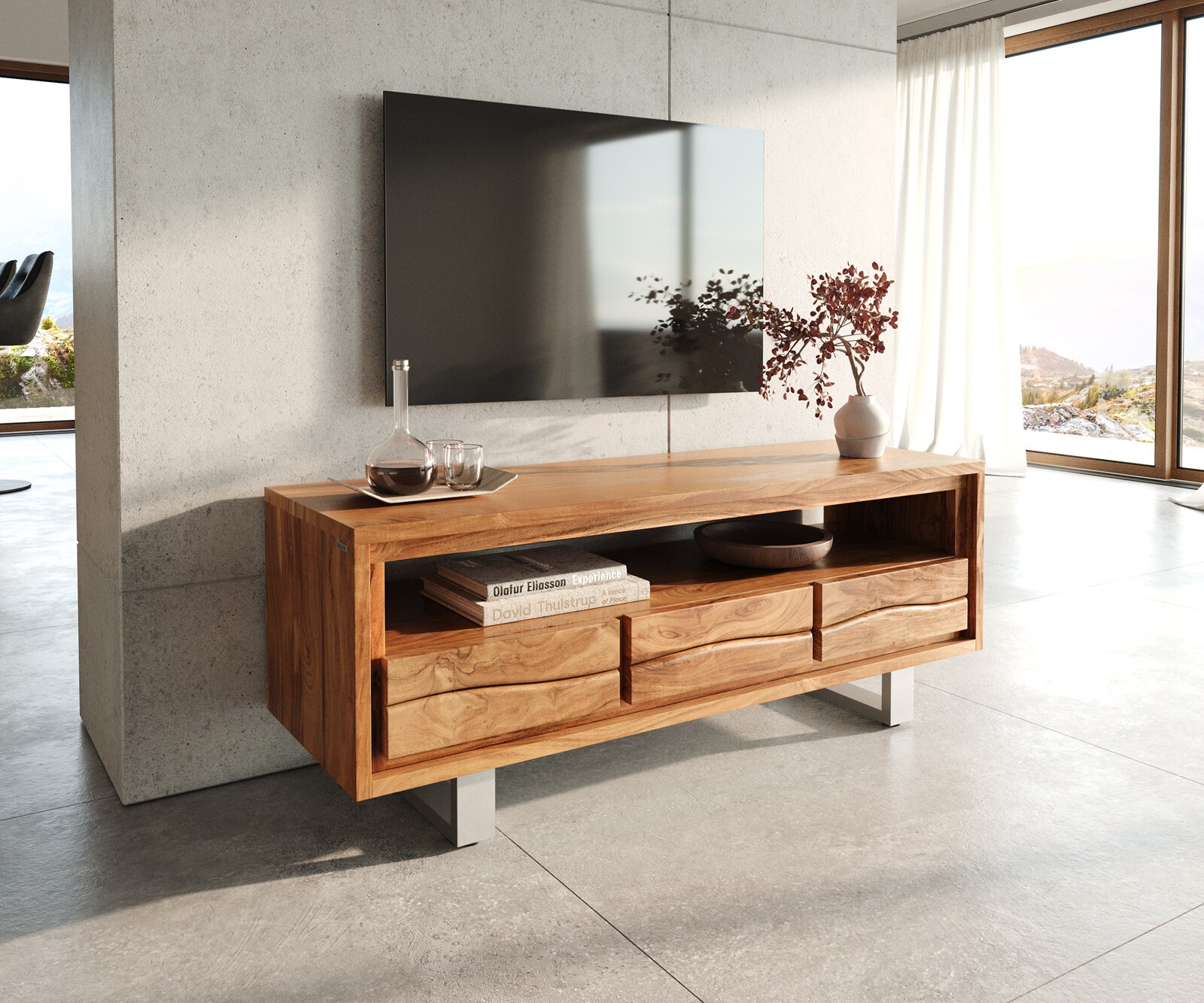 Meuble-TV Live-Edge 146 cm acacia nature 3 tiroirs 1 compartiment