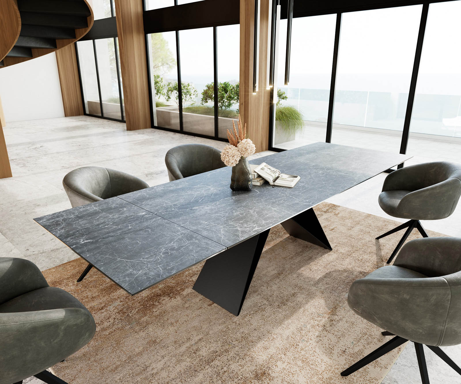 Table à manger Edge 200-300x100 céramique Laminam®Nero Greco gris cadre en V acier plat noir extensible