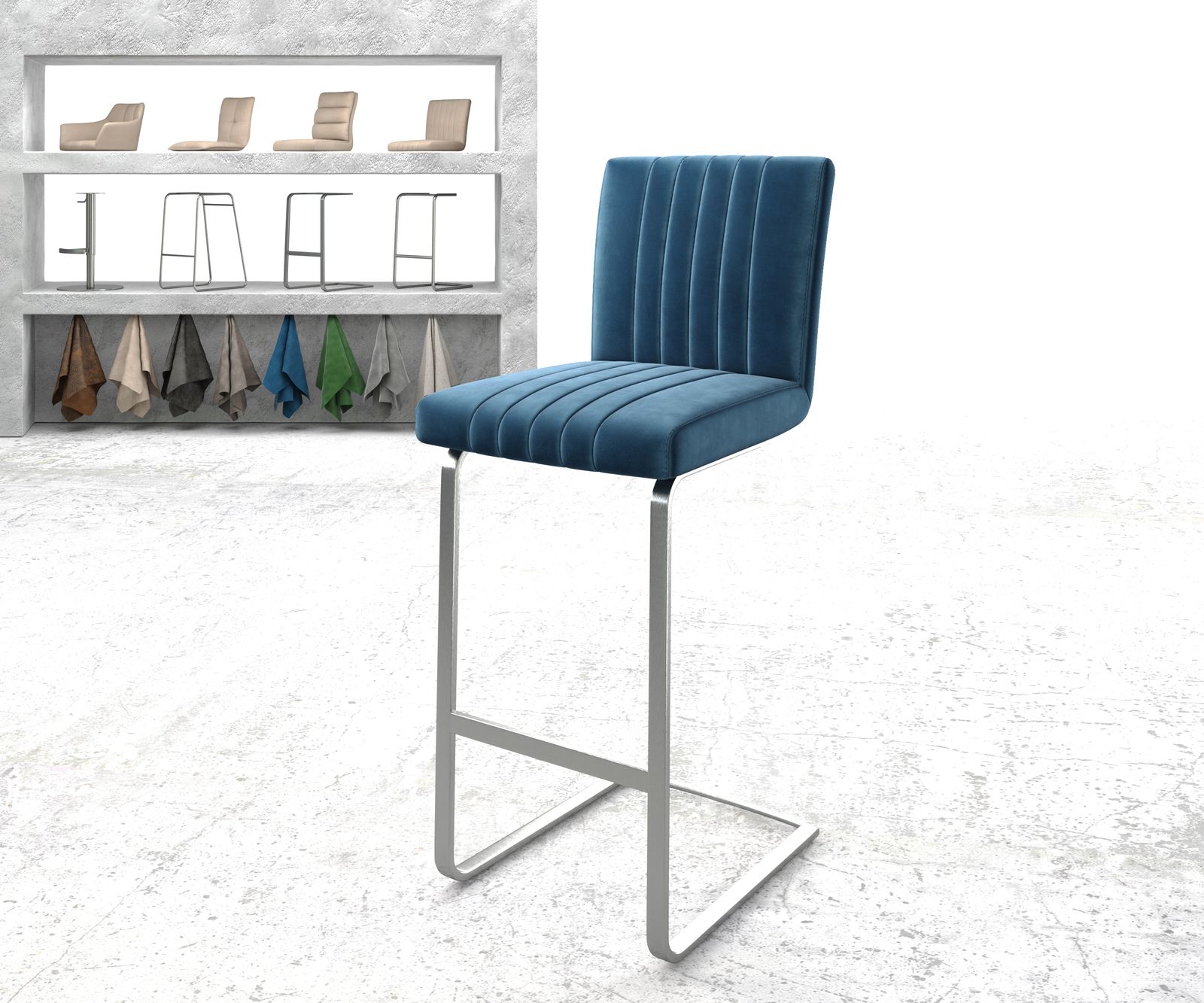 Chaise-de-bar Luiga-Flex velours bleu chaise cantilever acier plat inoxydable