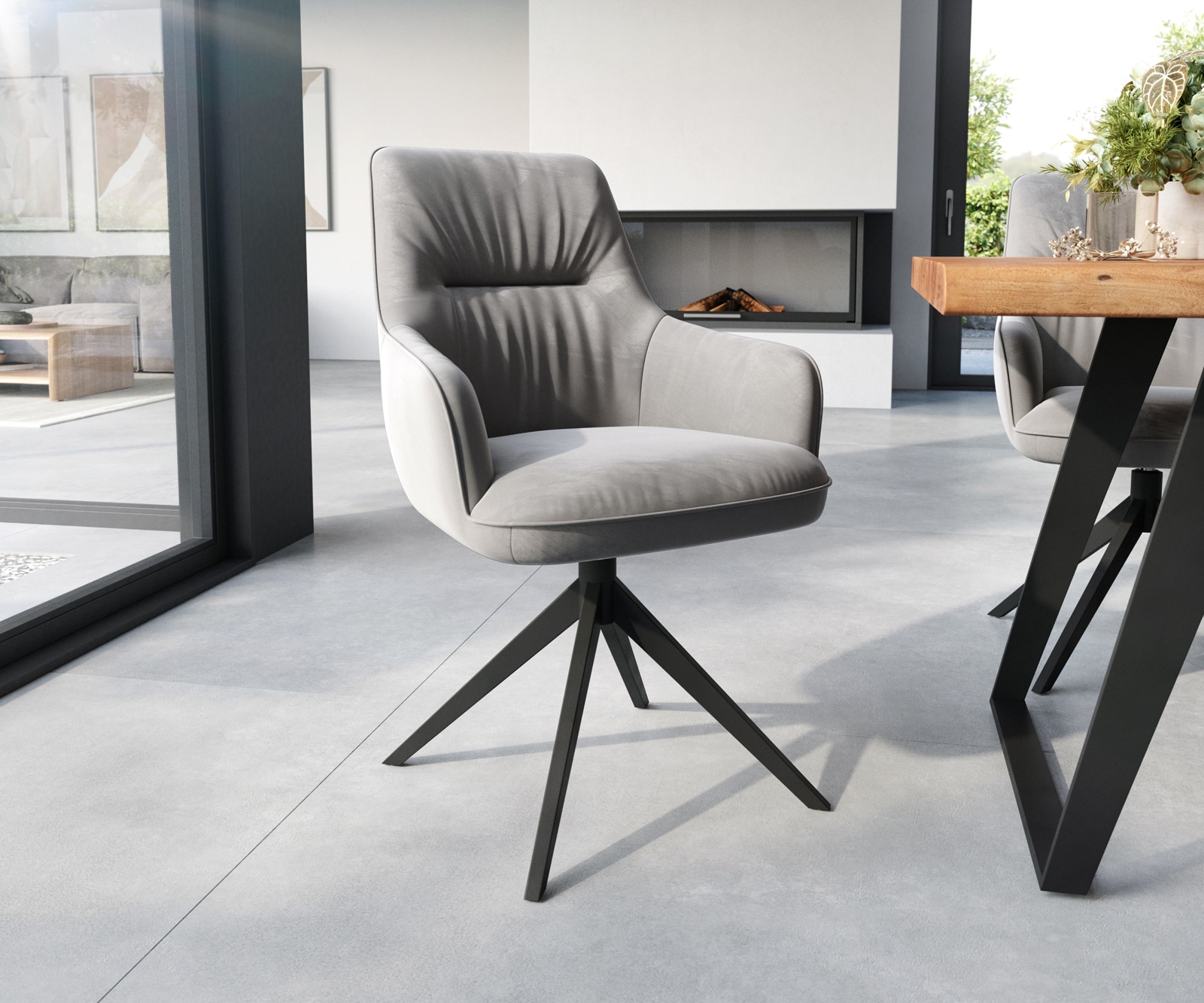 Chaise-pivotante Zelia-Flex avec accoudoirs velours gris cadre croisé large noir pivote sur 360° ressorts ensachés