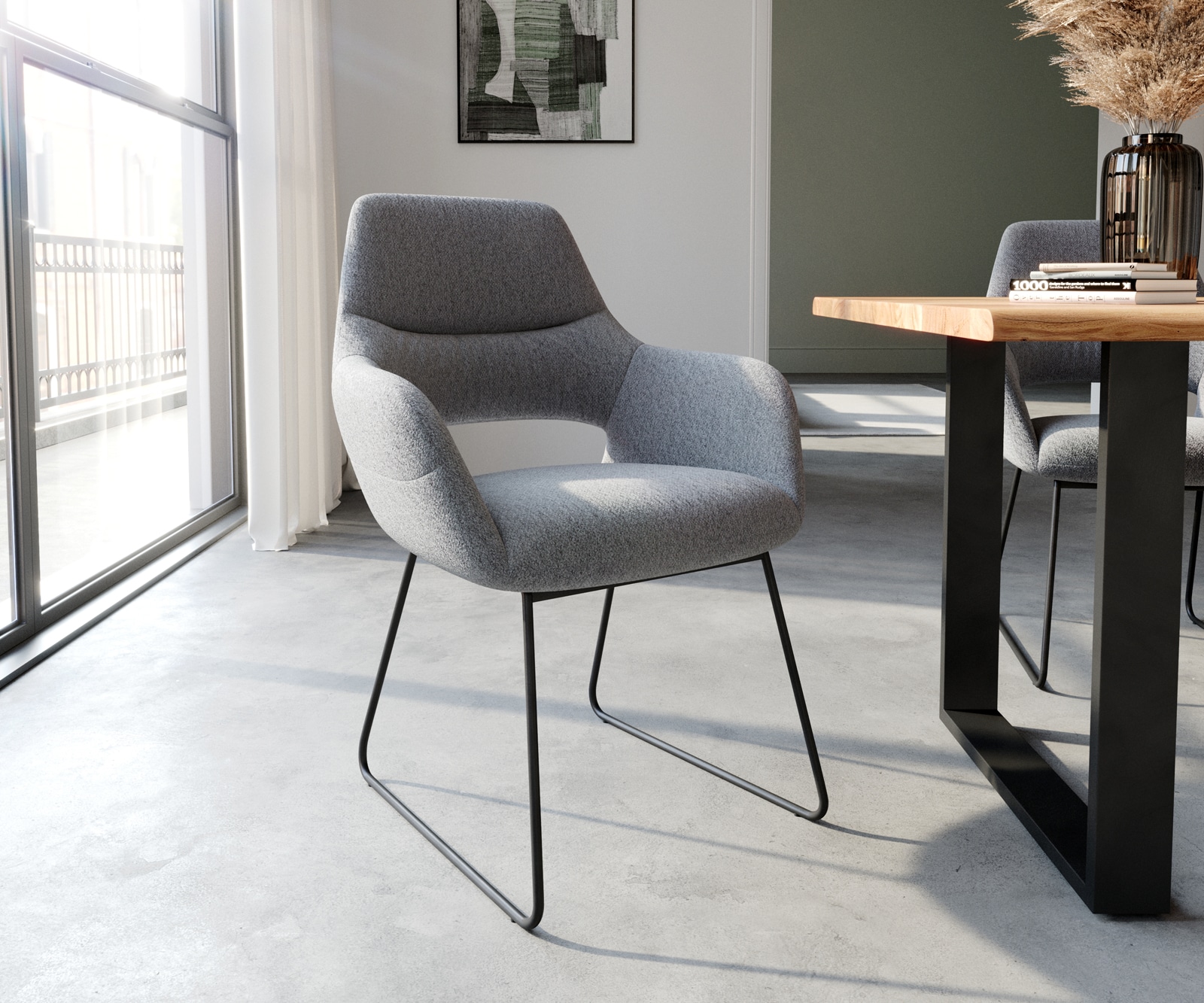 Fauteuil Yago-Flex avec accoudoirs tissu texturé gris clair cadre patin noir