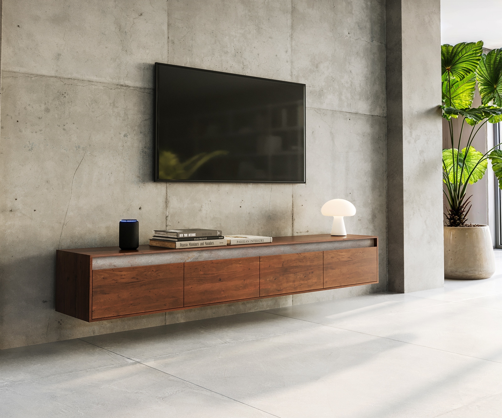 Meuble-TV Stonegrace 200 cm acacia marron ardoise 4 tiroirs suspendus