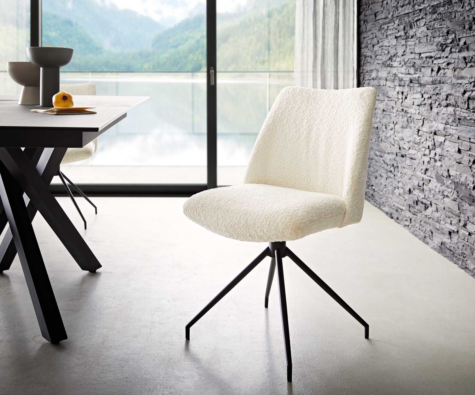 Chaise-pivotante Elso-Flex bouclé blanc pied croisé conique noir ressorts ensachés pivote sur 180°