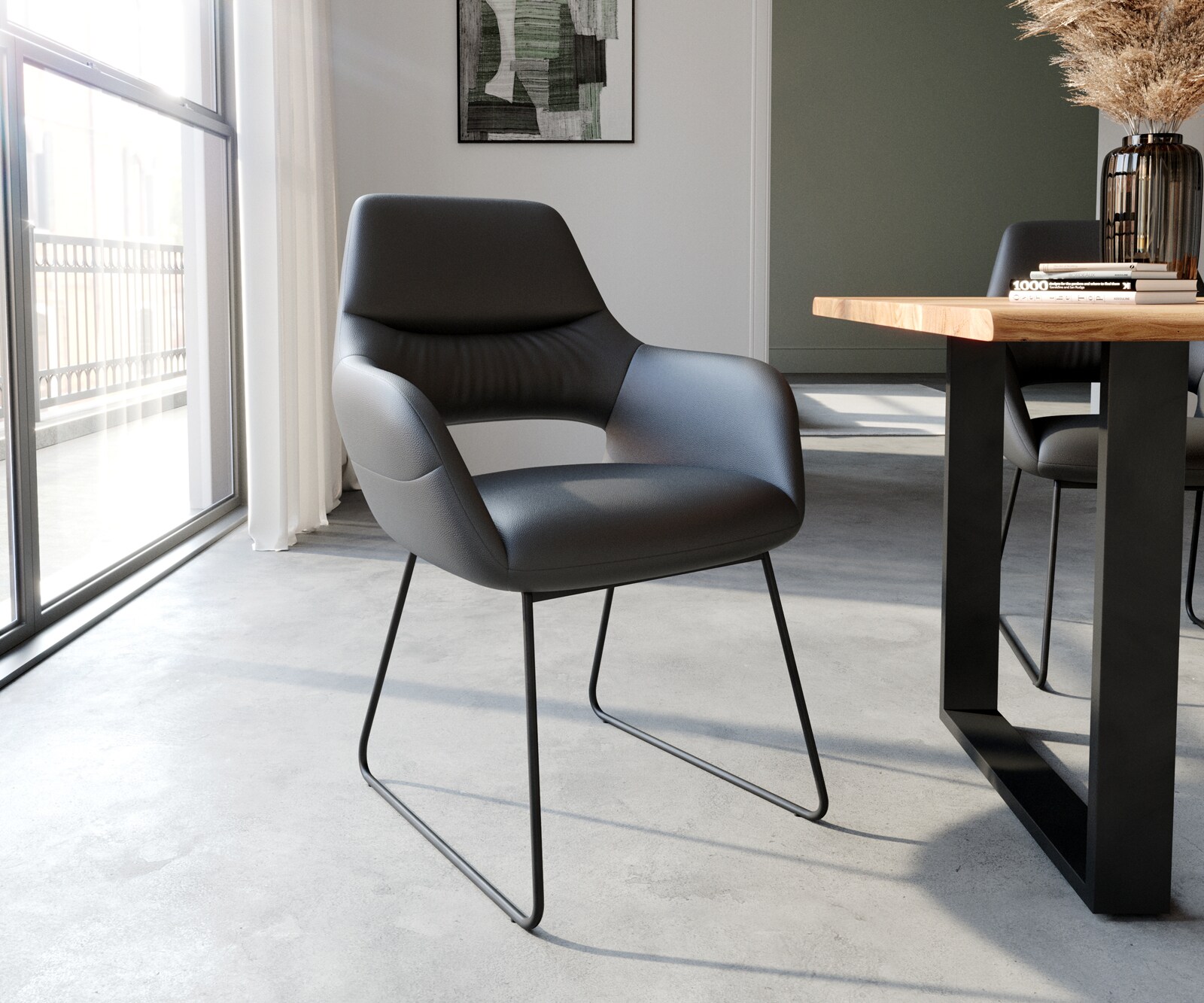 Fauteuil Yago-Flex avec accoudoirs cuir véritable noir cadre patin noir