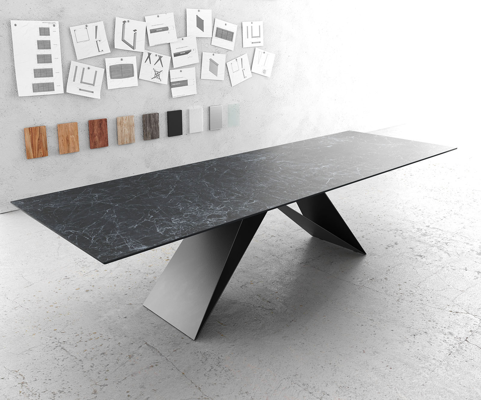 Table-à-manger Edge 300x100cm Laminam® céramique gris V-pieds milieu noir