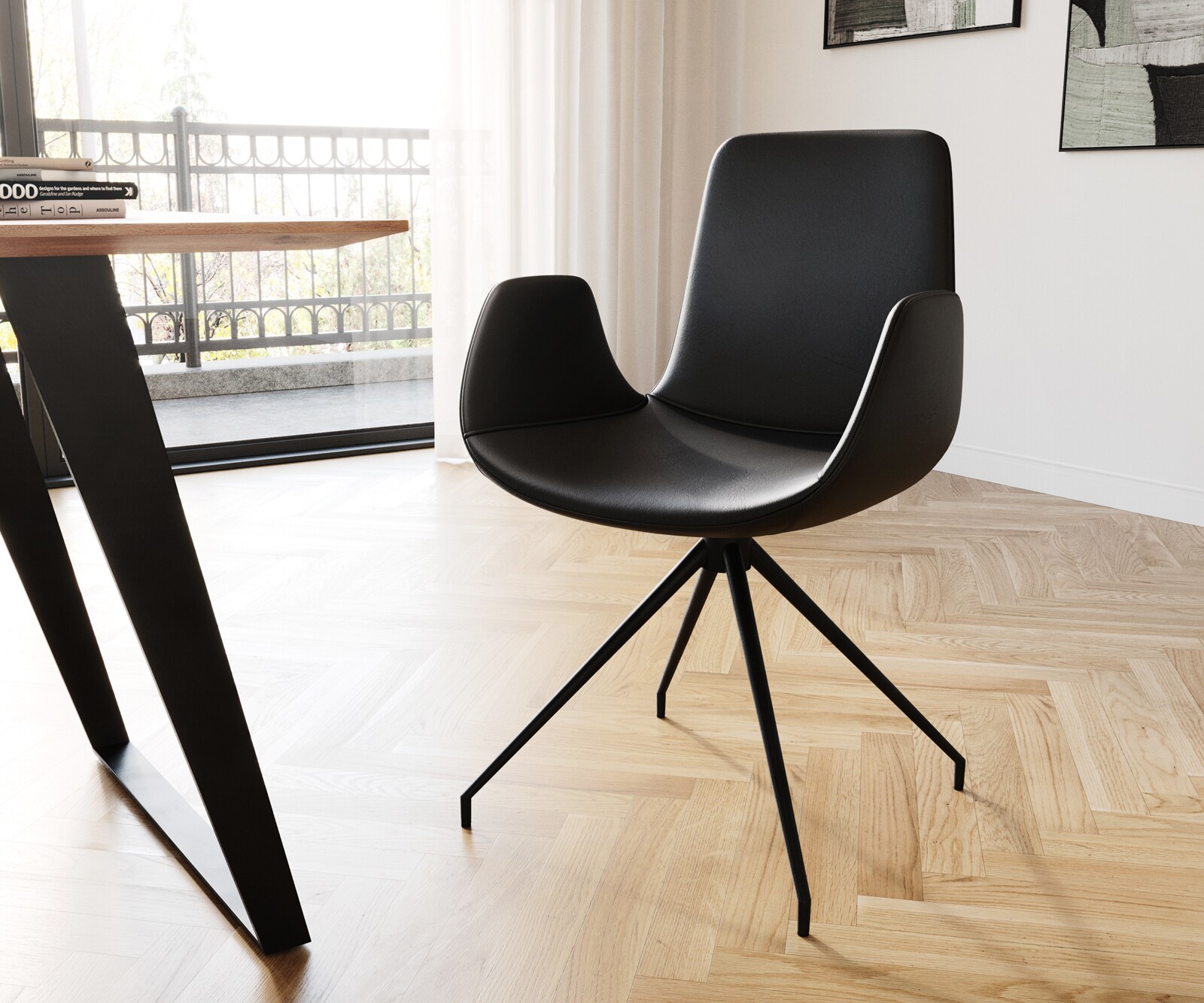 Chaise-pivotante Ilia-Flex avec accoudoirs cuir véritable noir cadre croisé conique noir pivote sur 180°