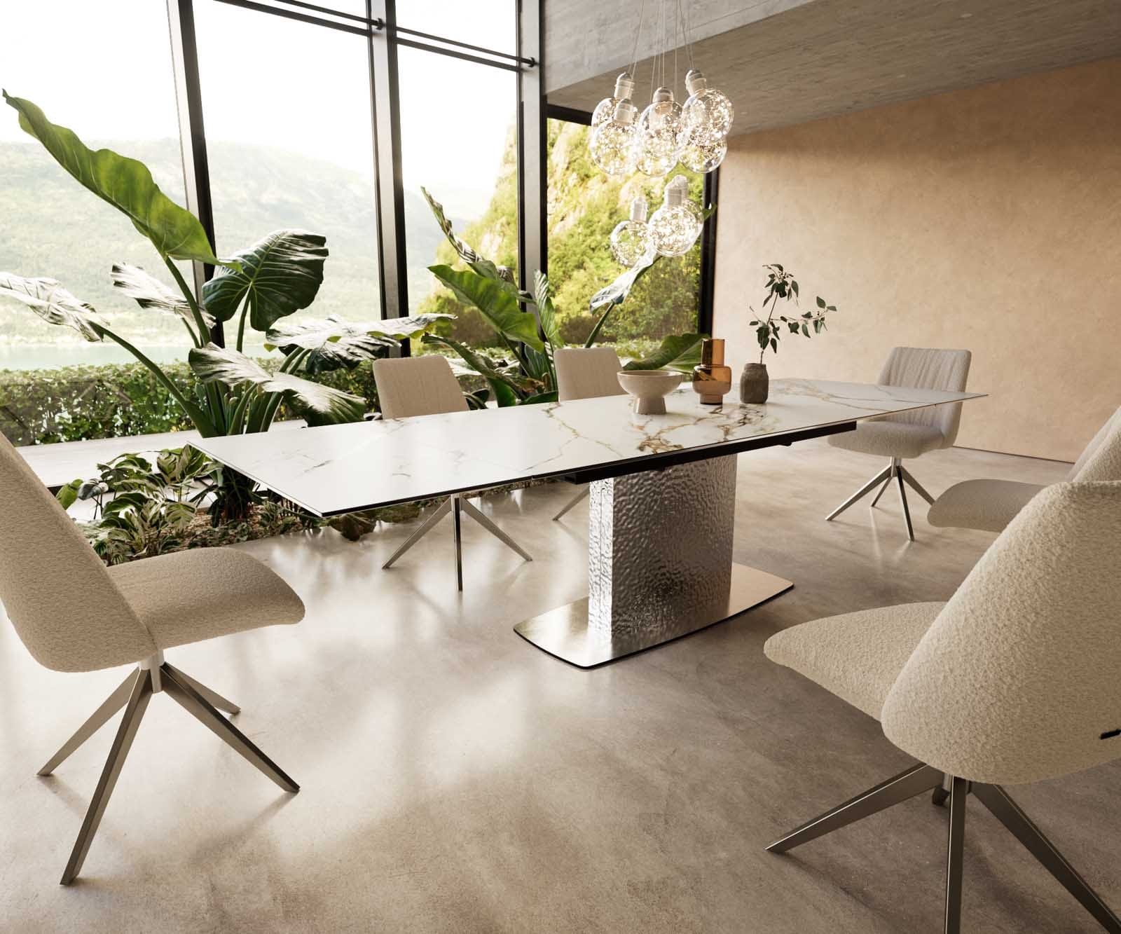 Table à manger Edge 200-300x100 céramique Calacatta Luxe blanc-doré-gris Wave acier inoxydable extensible