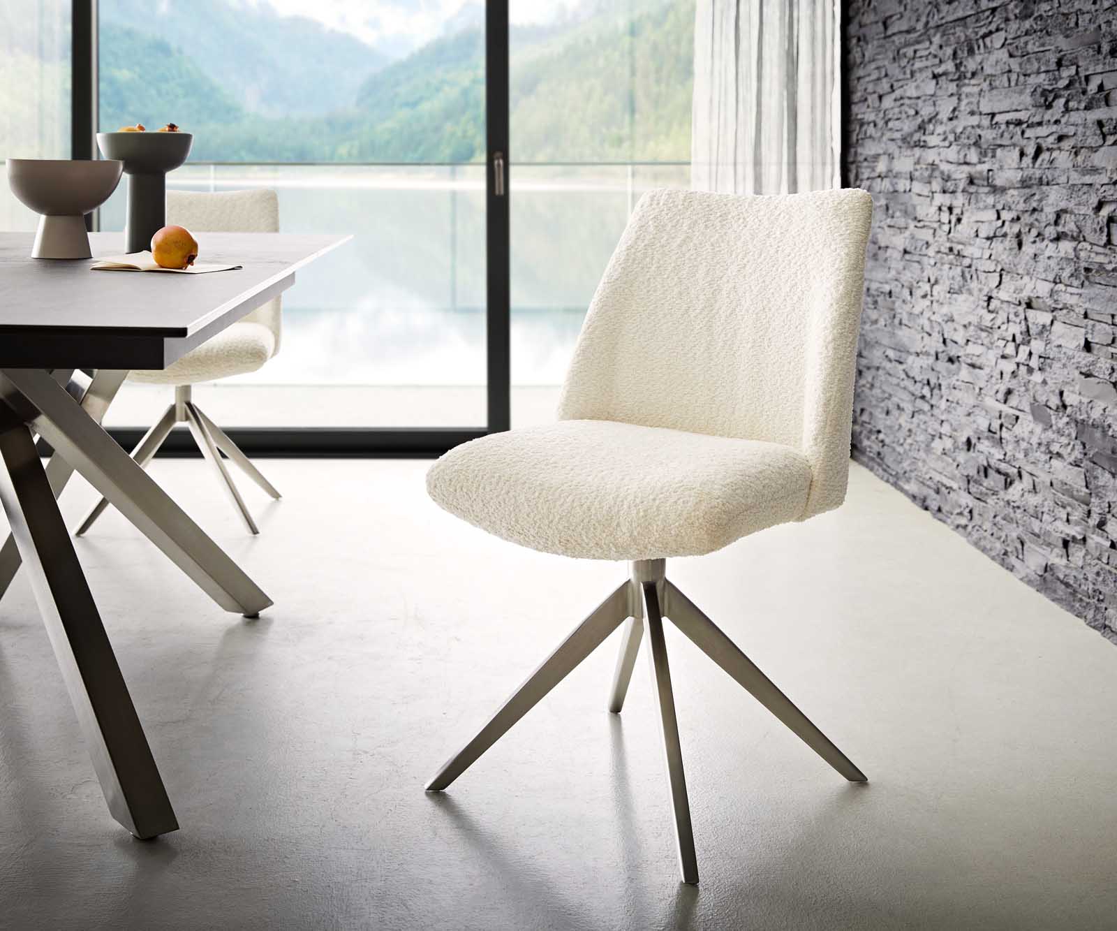 Chaise-pivotante Elso-Flex bouclé blanc pied croisé large acier inoxydable ressorts ensachés pivote sur 360°