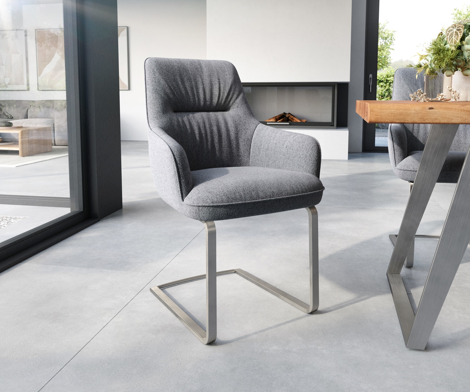 Cantilever Zelia-Flex avec accoudoirs tissu texturé gris clair cantilever plat acier inoxydable ressorts ensachés