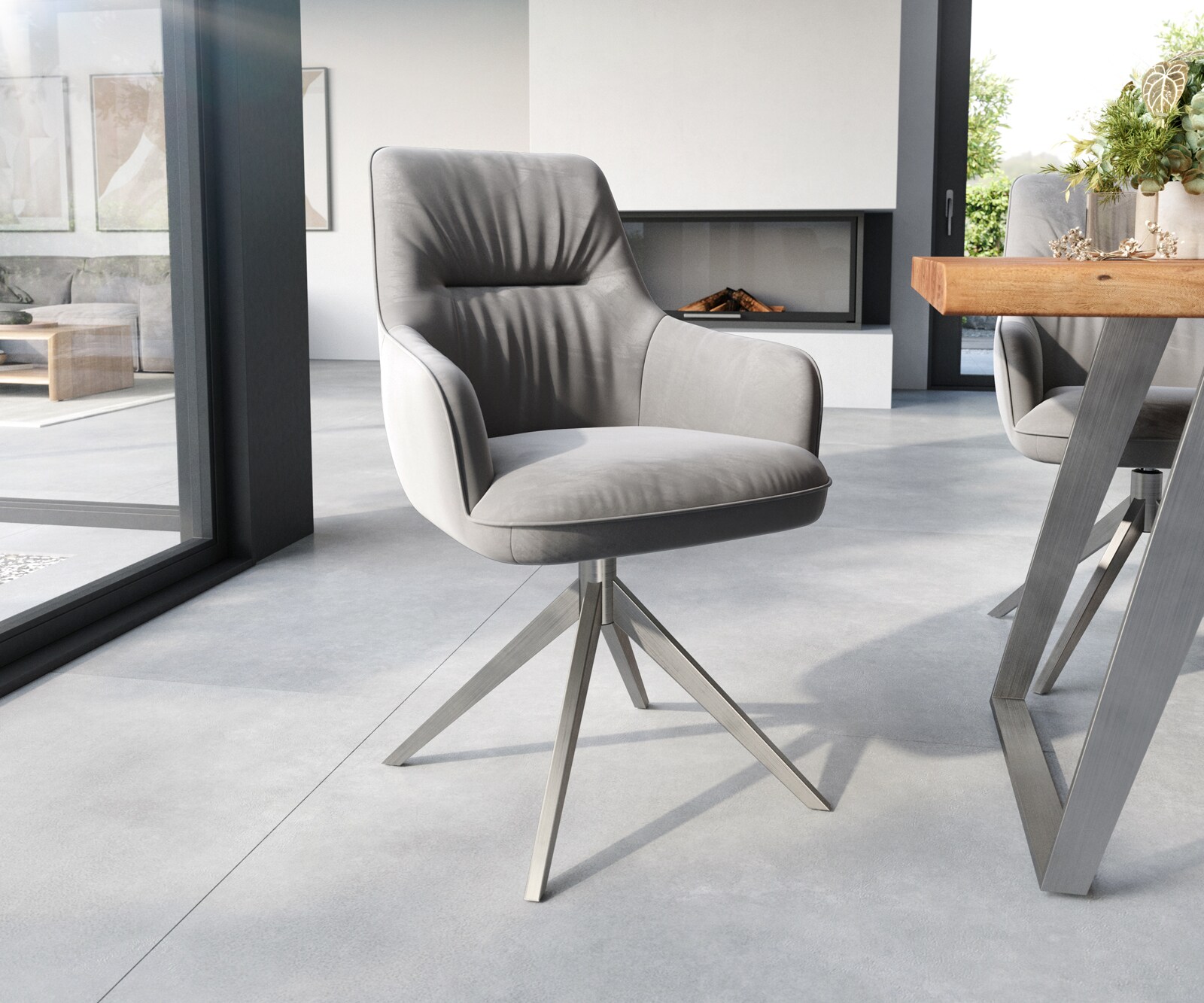 Chaise-pivotante Zelia-Flex avec accoudoirs velours gris cadre croisé large acier inoxydable pivote sur 360° ressorts ensachés