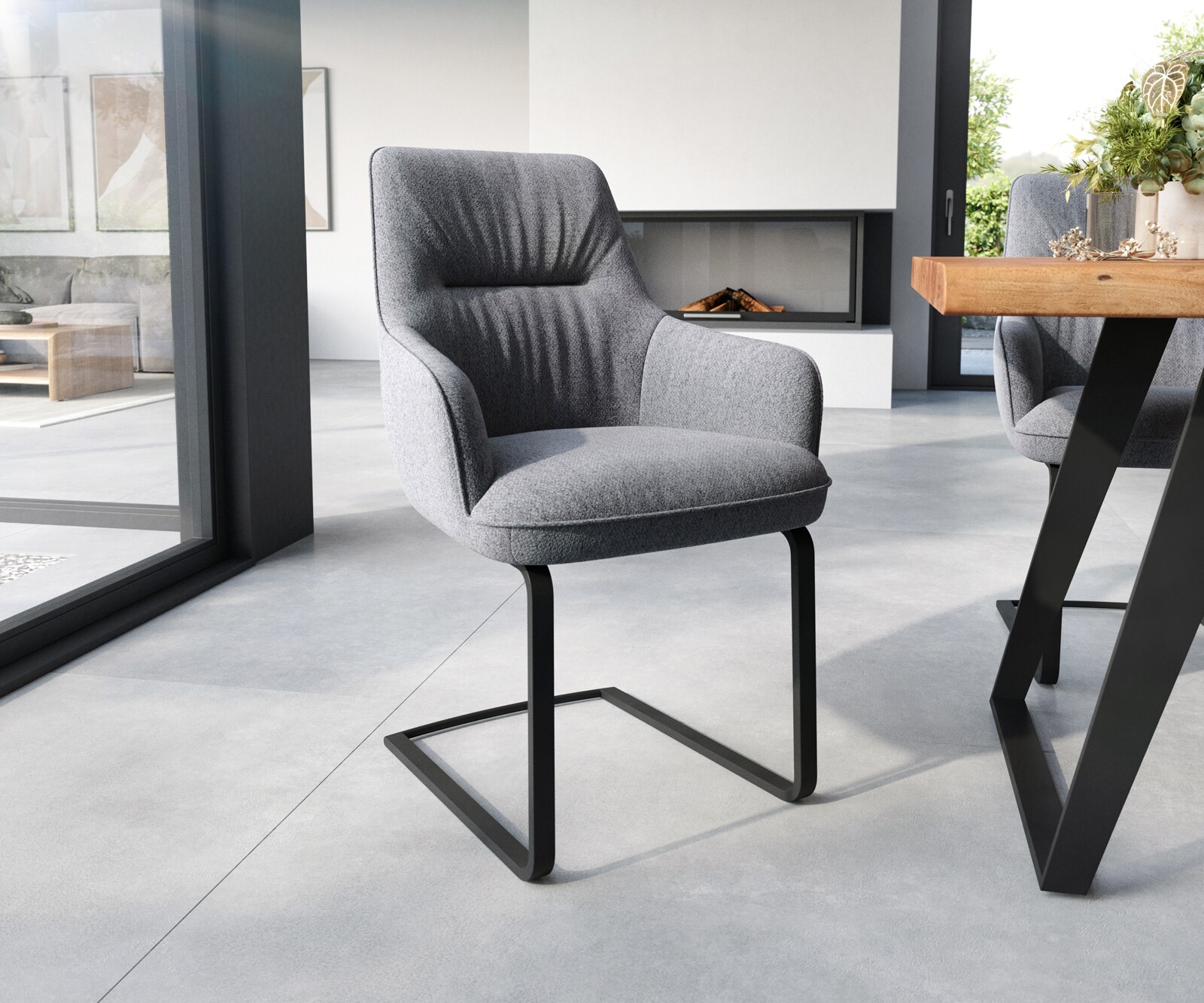 Cantilever Zelia-Flex avec accoudoirs tissu texturé gris clair cantilever plat noir ressorts ensachés