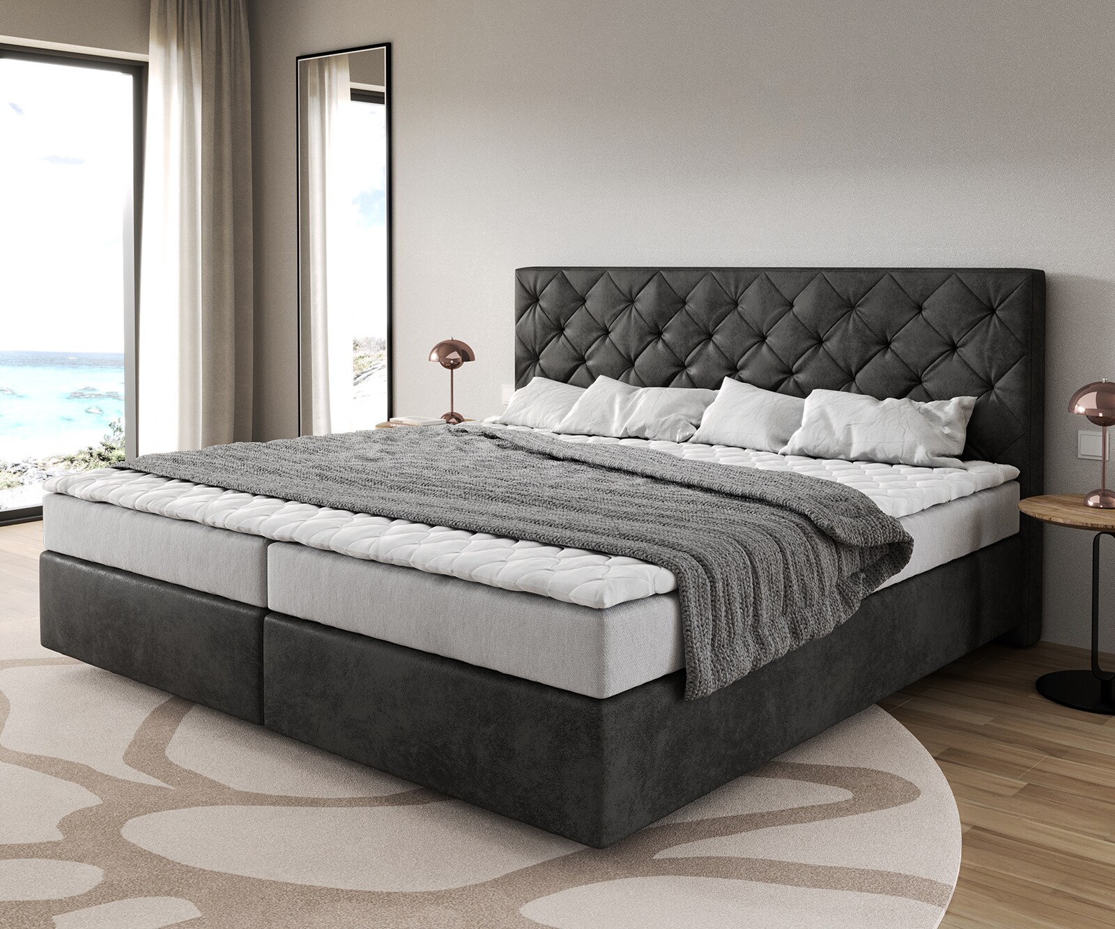 Lit-à-sommier-tapissier Dream-Great Microfibre Anthracite Vintage 200x200 cm Matelas Bonell Surmatelas PU