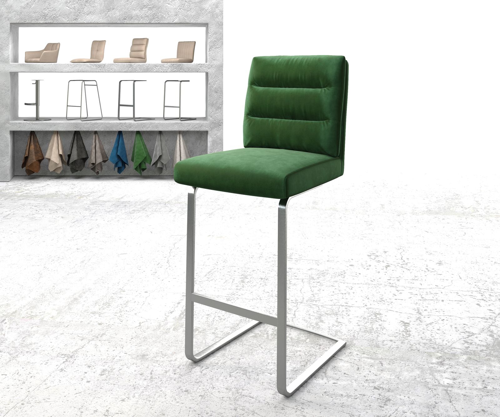 Chaise-de-bar Pela-Flex velours vert chaise cantilever acier plat inoxydable