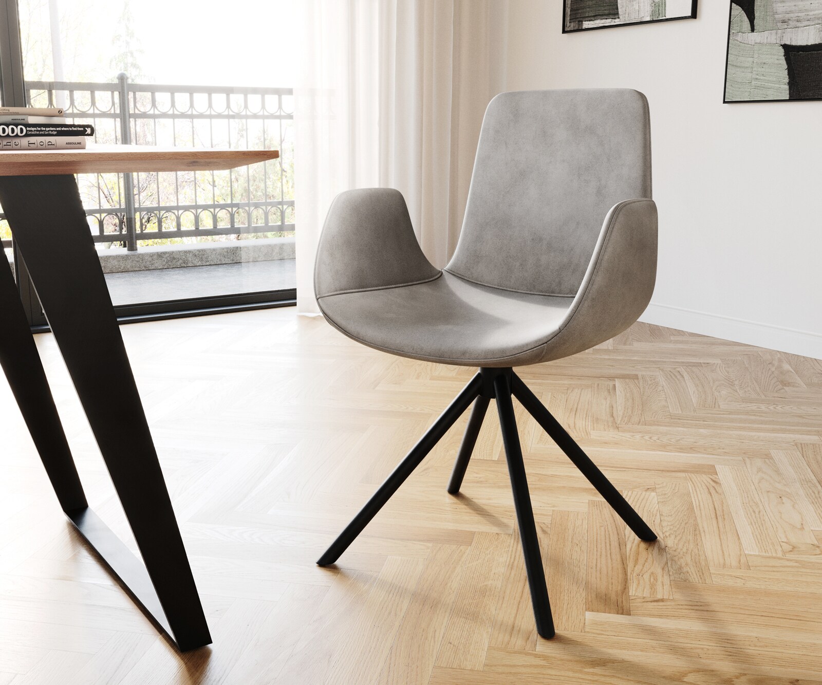 Chaise-pivotante Ilia-Flex avec accoudoirs velours gris cadre croisé conique noir pivote sur 180°