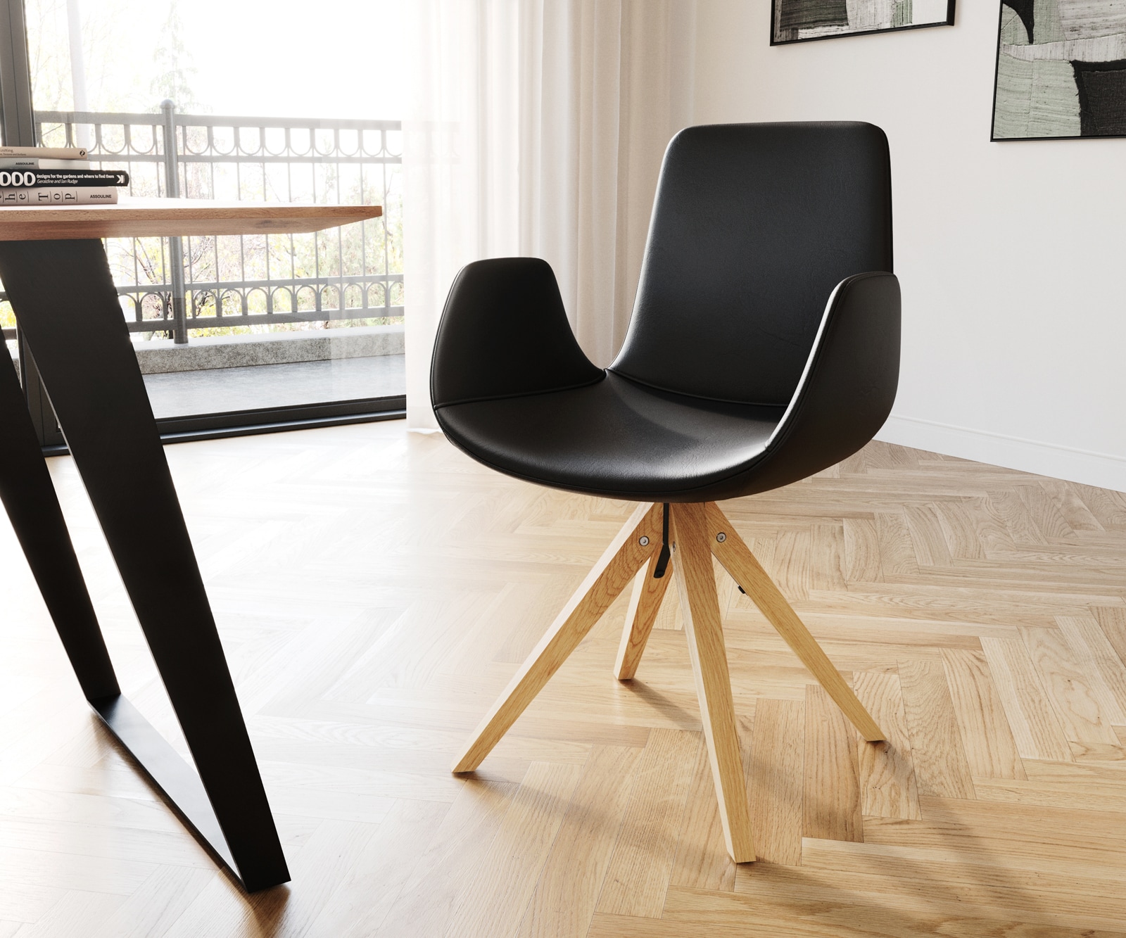 Chaise-pivotante Ilia-Flex avec accoudoirs cuir véritable noir cadre en bois angulaire pivote sur 180°