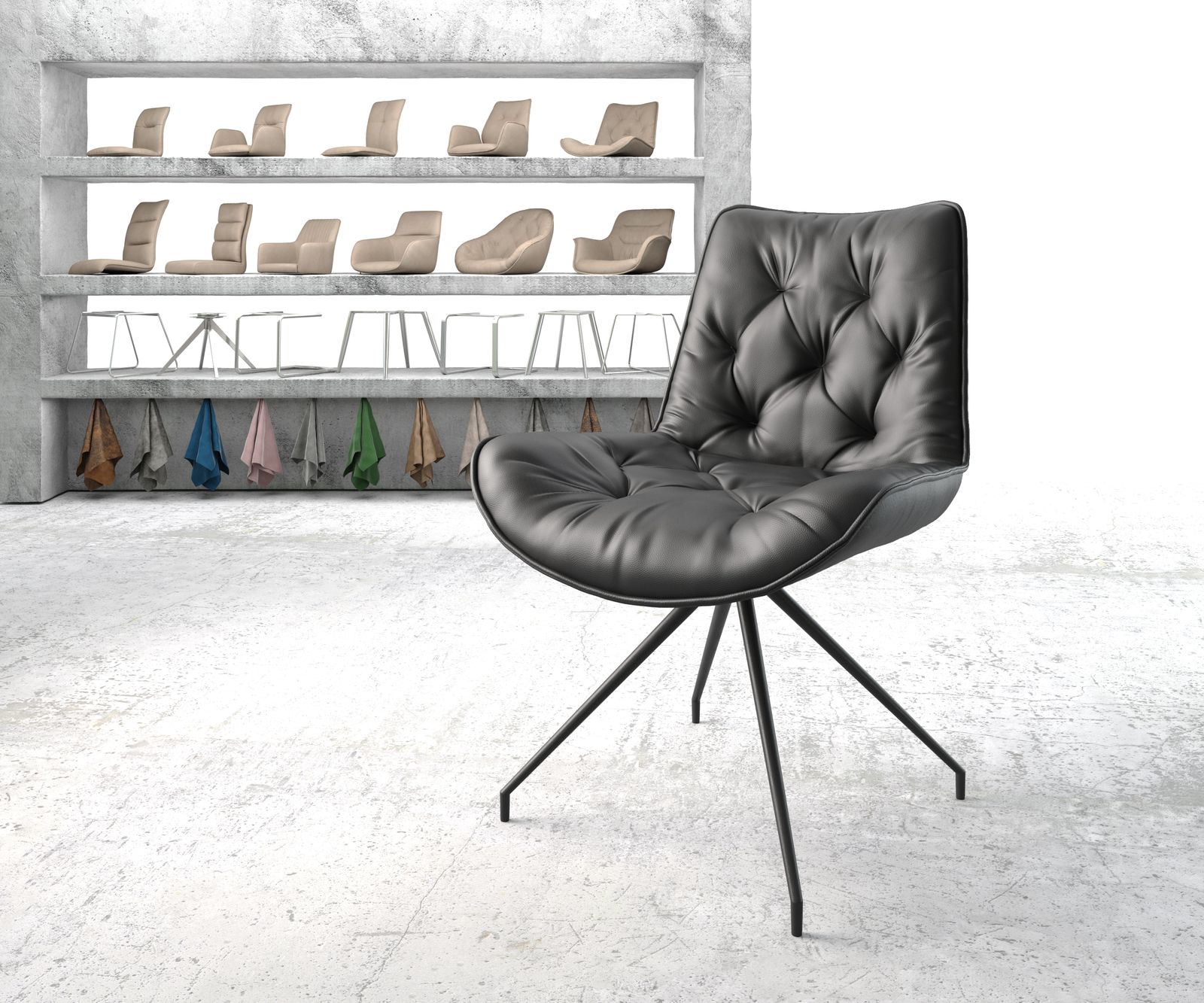 Chaise-pivotante Taimi-Flex cuir véritable noir cadre croisé conique noir pivote sur 180°