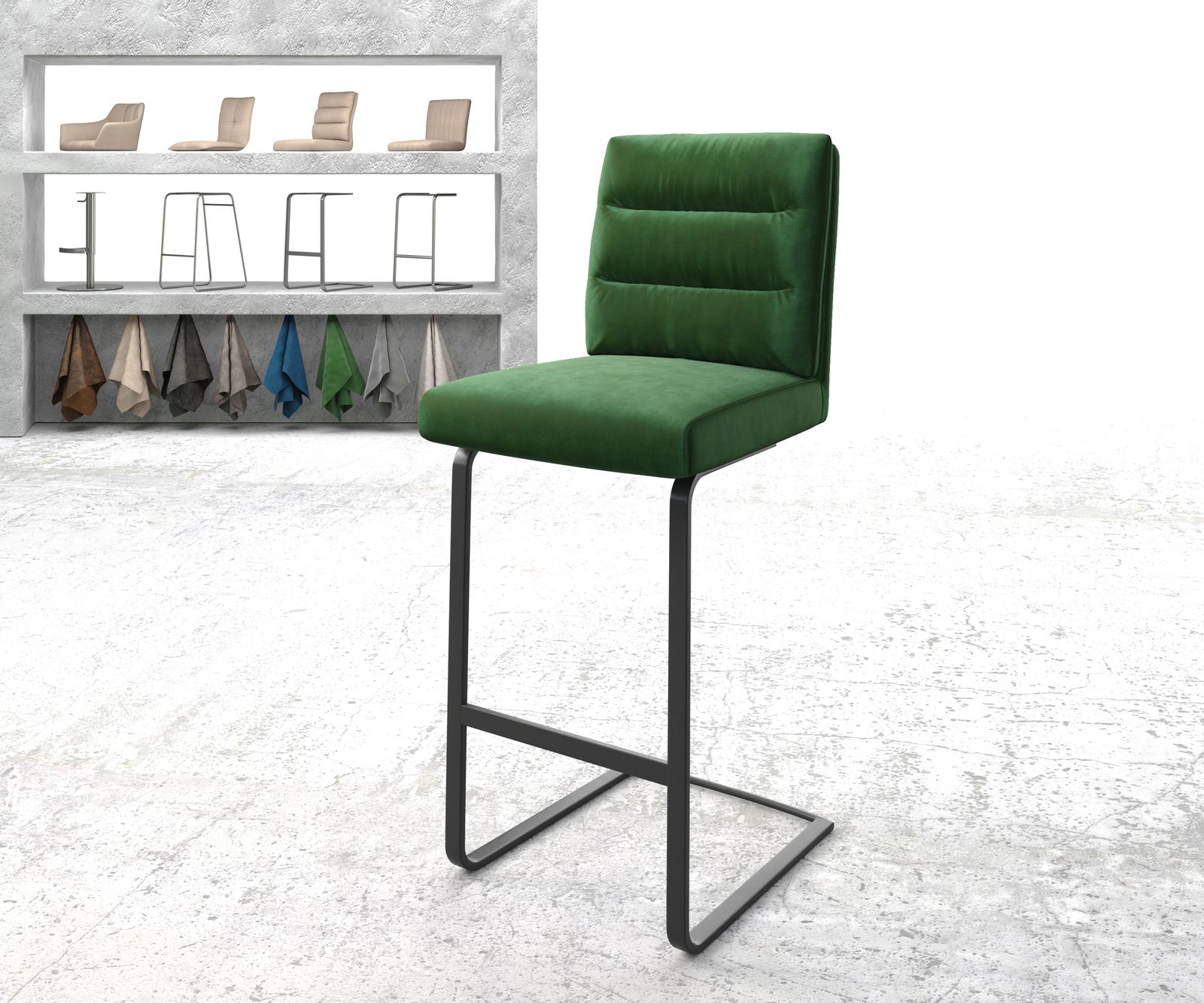 Chaise-de-bar Pela-Flex velours vert chaise cantilever métal plat