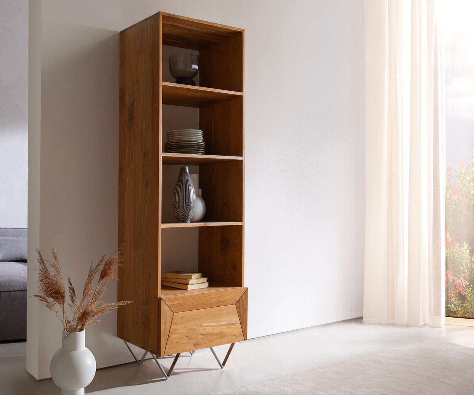 Buffet-haut Kayu 55x180 cm Acacia Naturel Bibliothèque 1 porte Pied en V