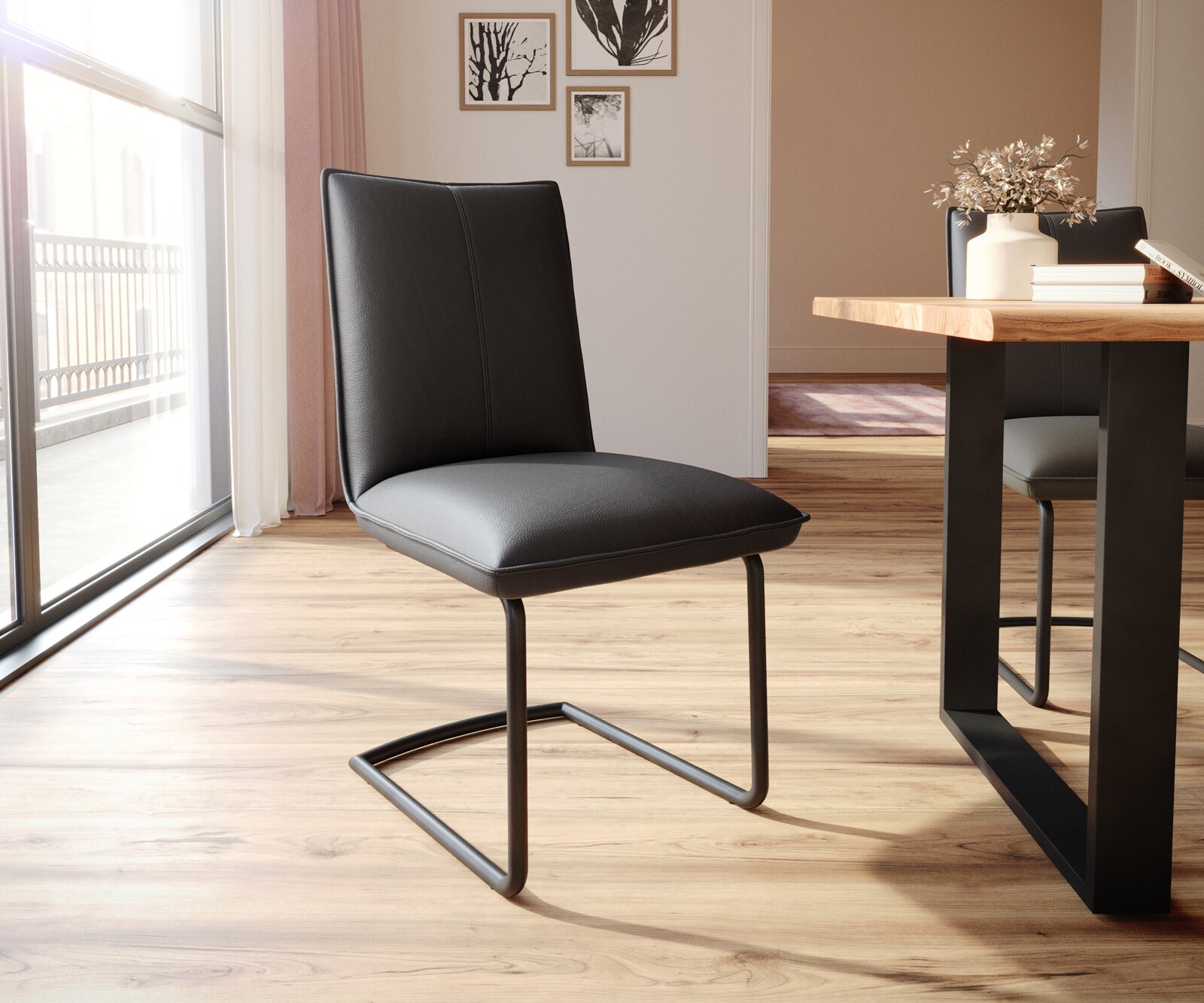 Cantilever Lelio-Flex cuir véritable noir cantilever rond noir ressorts ensachés