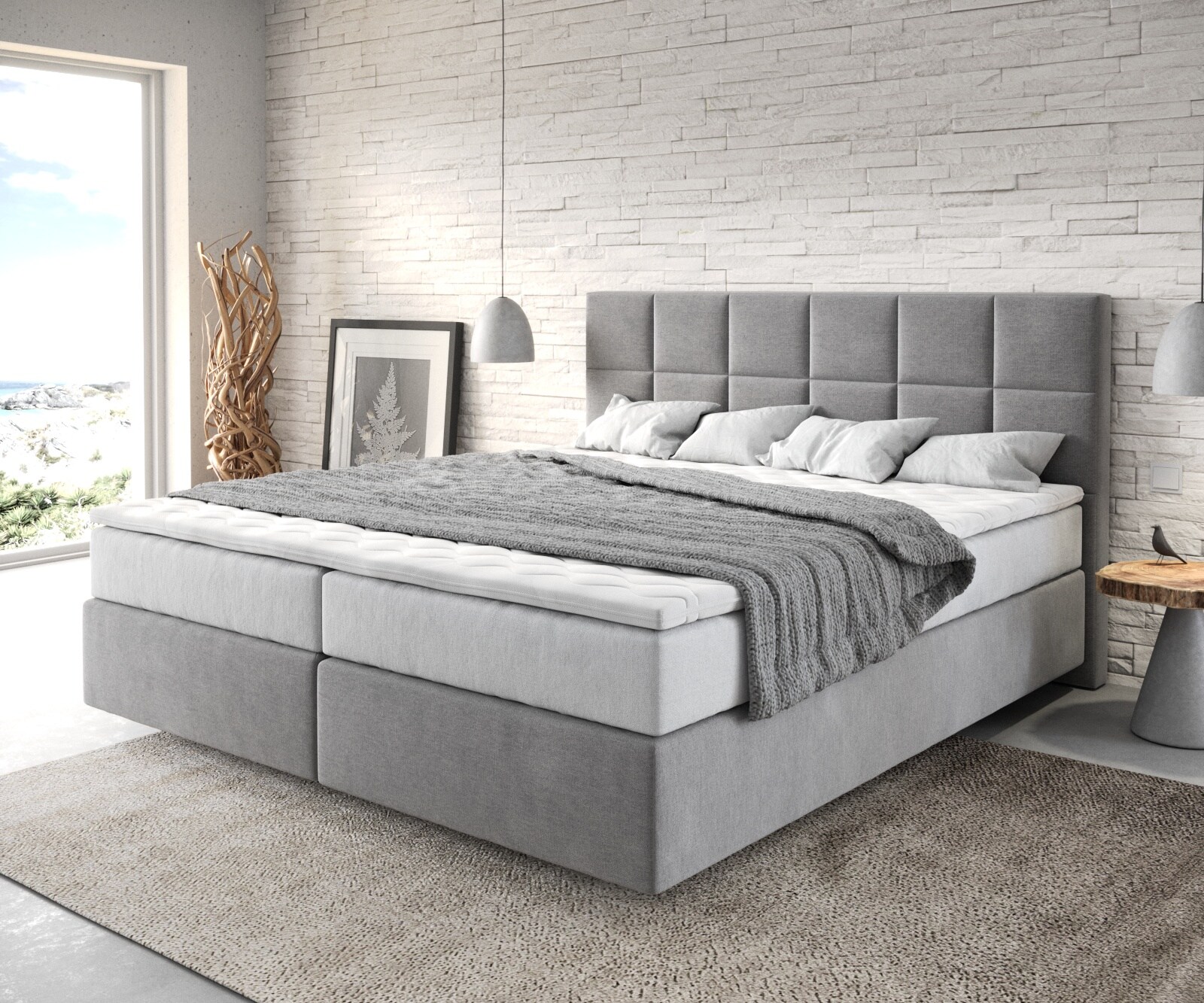 Lit-à-sommier-tapissier Dream-Fine 180x200 cm Microfibre Gris avec matelas TFK et surmatelas viscoélastique