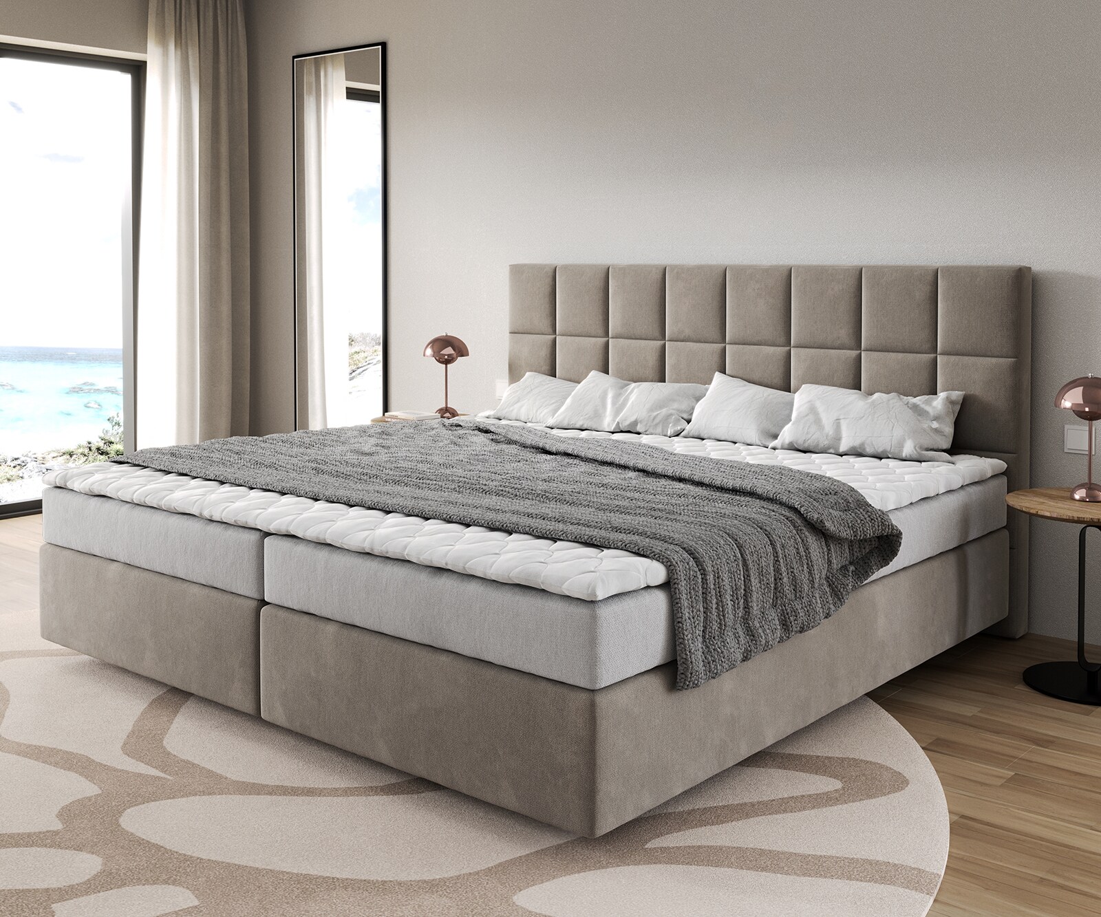 Lit-à-sommier-tapissier Dream-Fine Microfibre Beige 200x200 cm Matelas Bonell Surmatelas PU