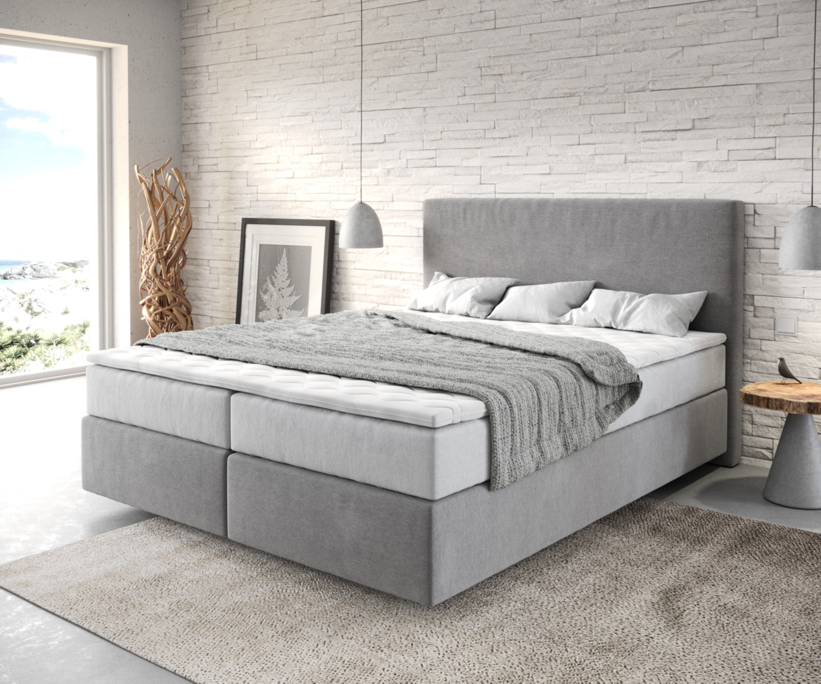 Lit-à-sommier-tapissier Dream-Well 160x200 cm Microfibre Gris avec matelas TFK et surmatelas viscoélastique