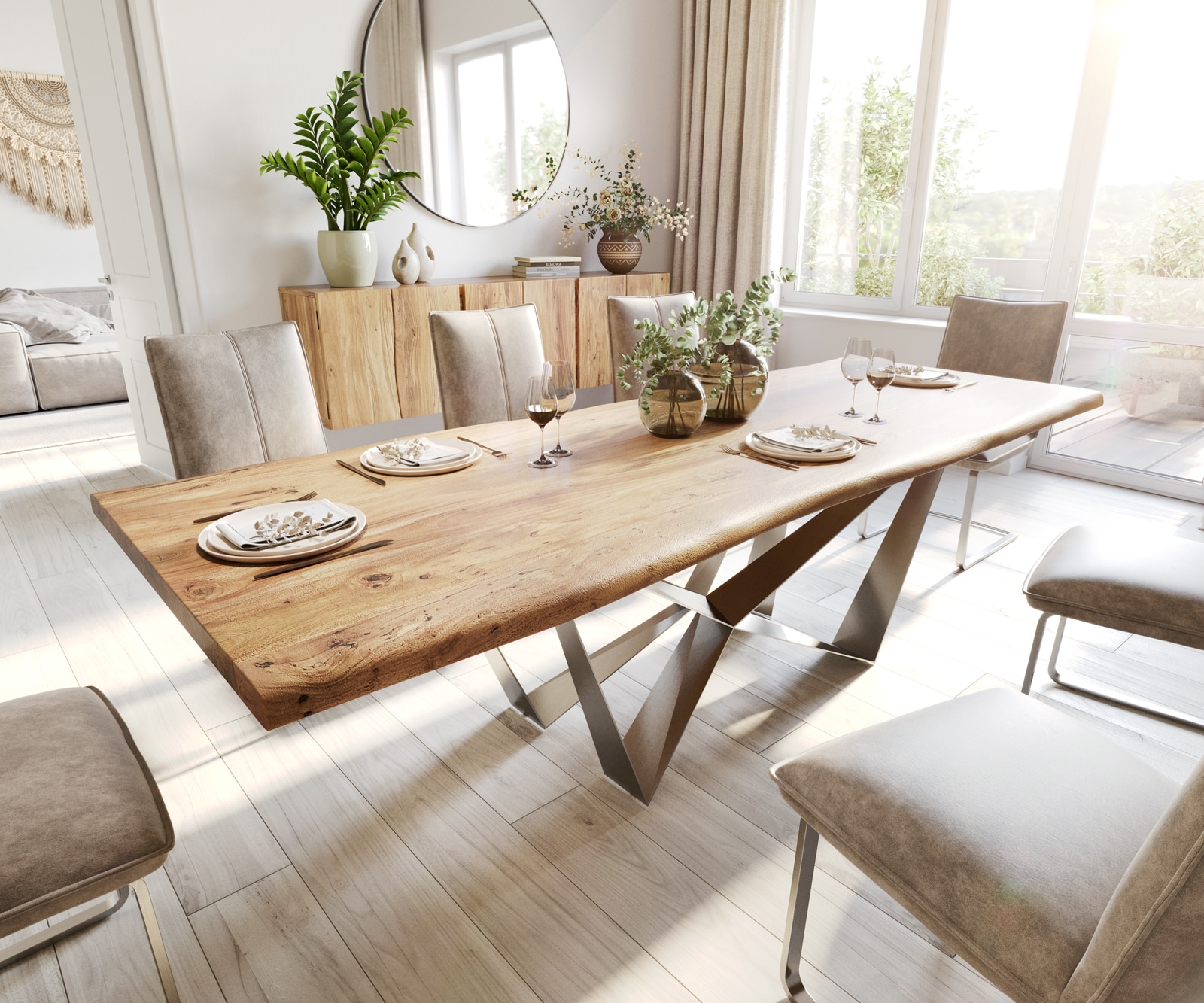 Table à manger Edge 260x100 Acacia Naturel Spider Acier Plat Acier Inoxydable Live-Edge