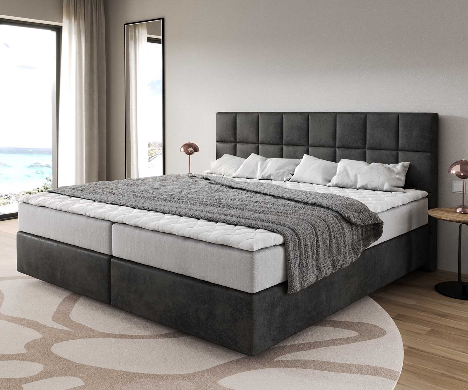 Lit à sommier tapissier Dream-Fine Microfibre anthracite vintage 200x200 cm avec matelas à ressorts ensachés et surmatelas en mousse viscoélastique