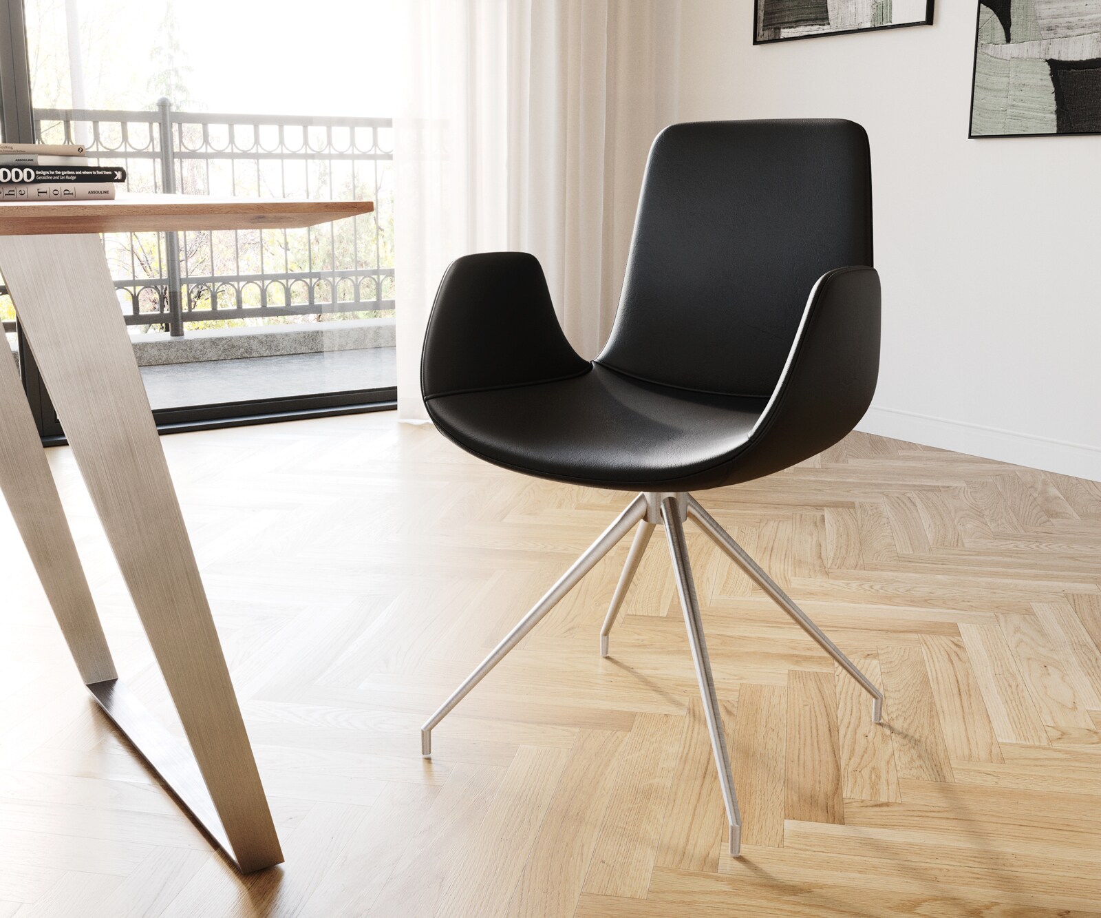 Chaise-pivotante Ilia-Flex avec accoudoirs cuir véritable noir cadre croisé conique acier inoxydable pivote sur 180°