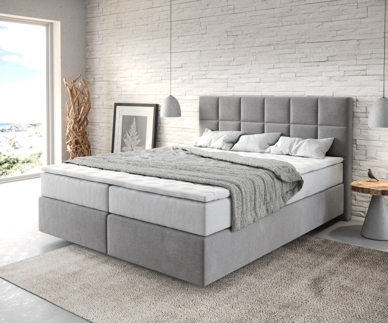 Lit-à-sommier-tapissier Dream-Fine 160x200 cm Microfibre Gris avec matelas TFK et surmatelas viscoélastique